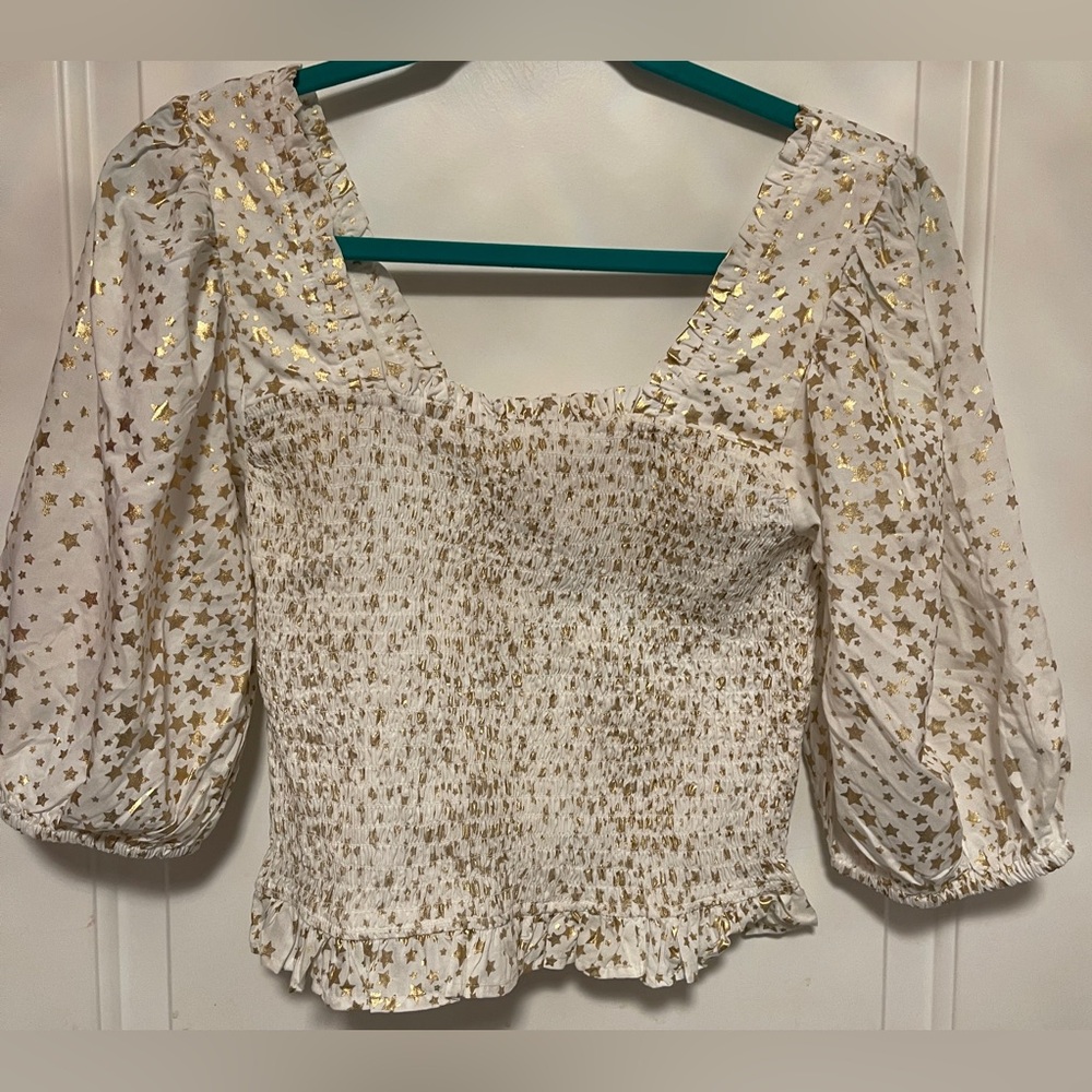 Emily McCarthy White Gold Metallic Stars Print Puff Sleeve Smocked Top Boho XS - Picture 5 of 8
